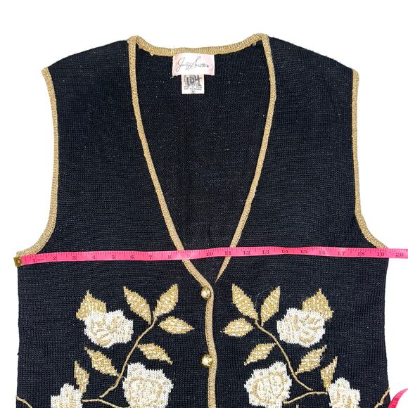 Vintage Jaclyn Smith Black Gold Metallic Floral Knit Sweater Vest Size M - Picture 10 of 11
